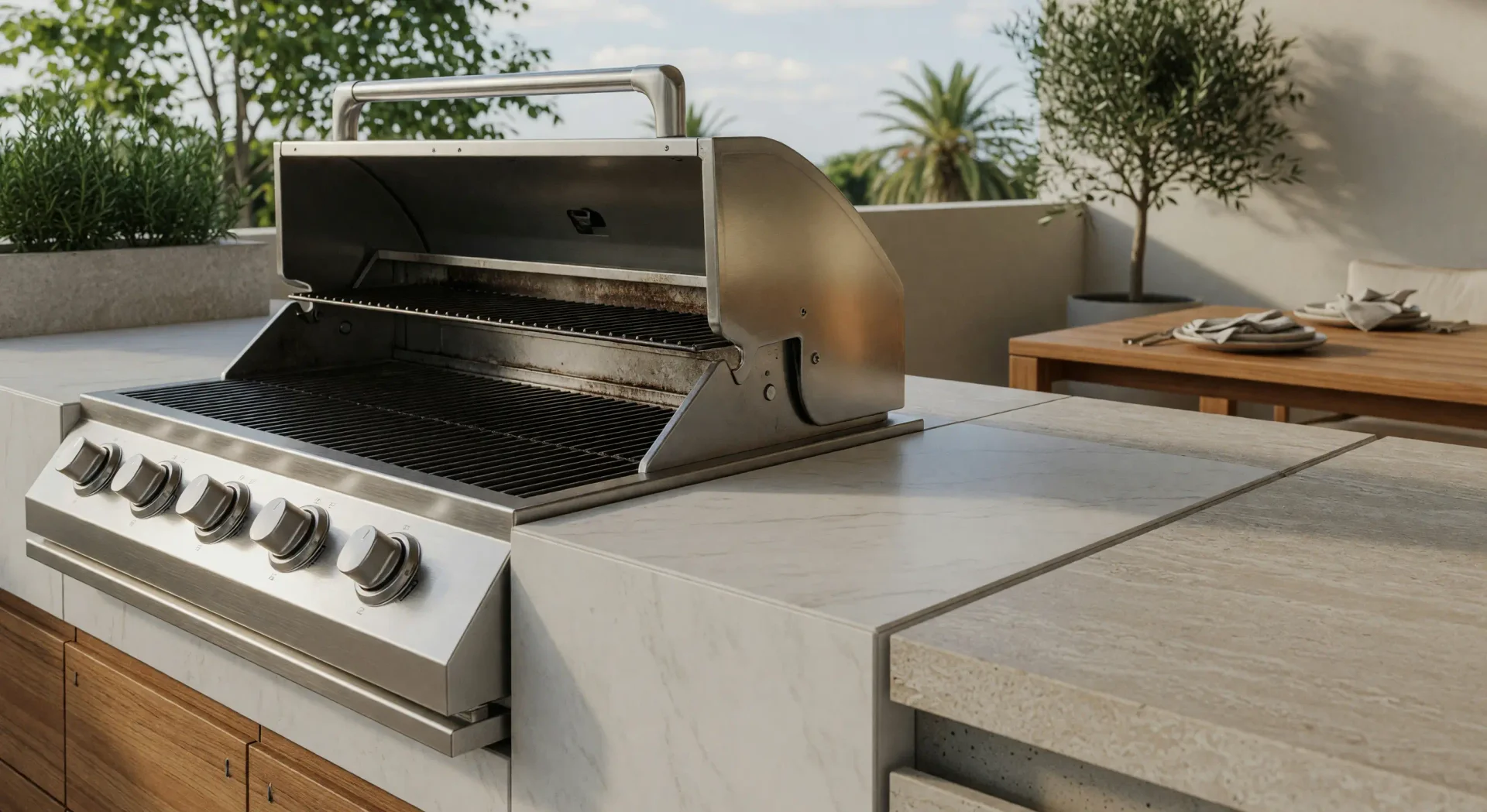Módulo de barbacoa empotrada en una cocina de exterior en Madrid