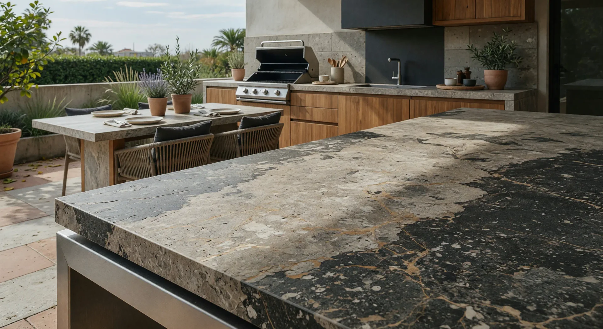Frente de porcelánico efecto piedra en una cocina de exterior en Madrid