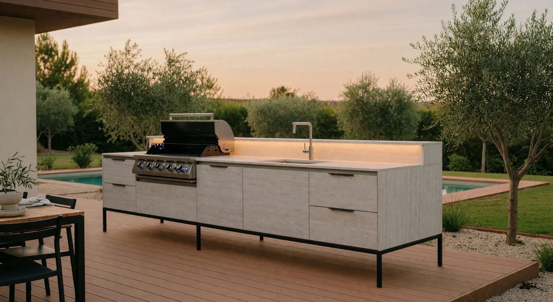 Cocina de exterior con tarima y pérgola integradas en un chalet de Boadilla