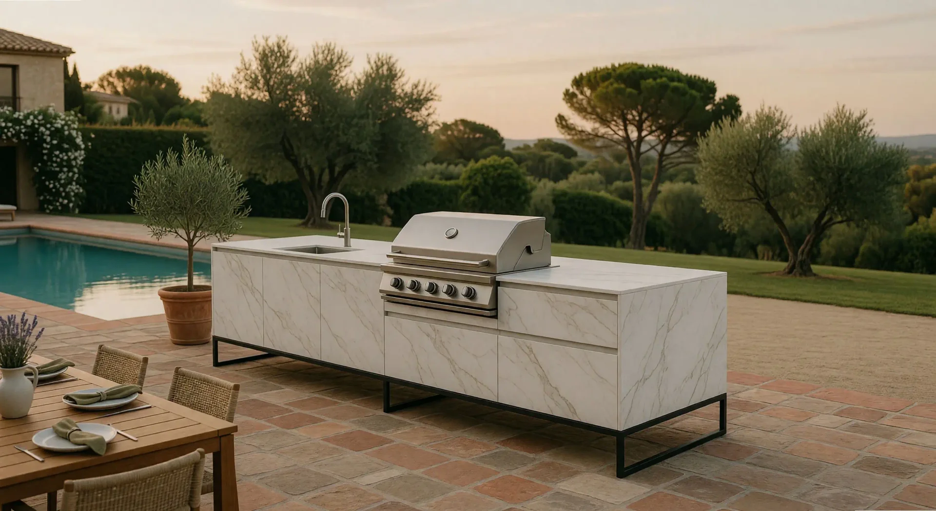 Cocina de exterior en isla de mármol blanco en el jardín de un chalet de La Moraleja, junto a la piscina