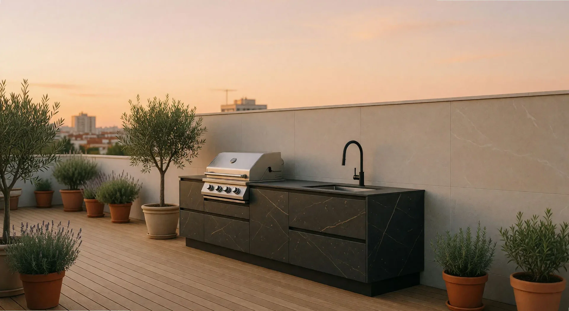 Cocina de exterior compacta en la terraza de un ático en Madrid