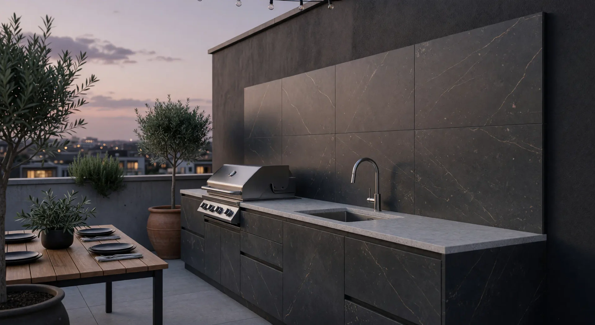 Cocina de exterior lineal en antracita en una terraza urbana de Madrid