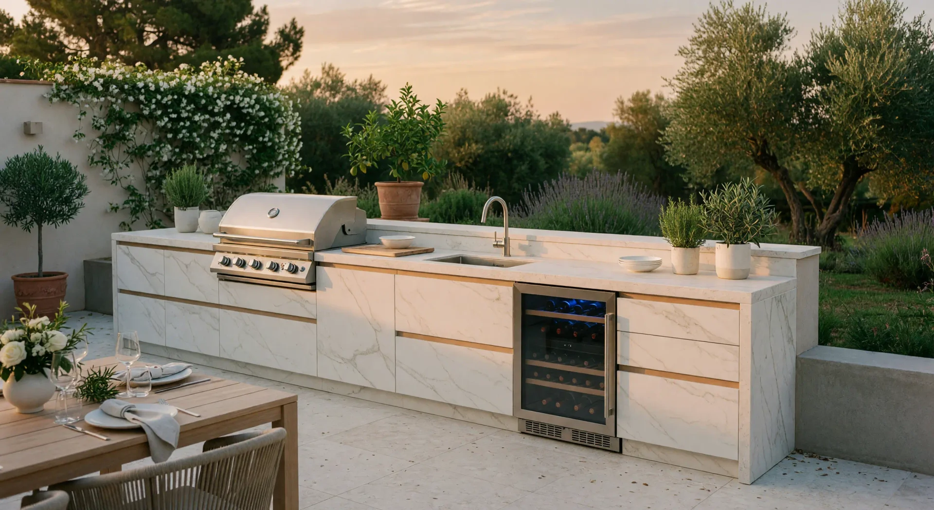 Cocina de exterior con bodega y nevera de vinos en un chalet de Las Rozas